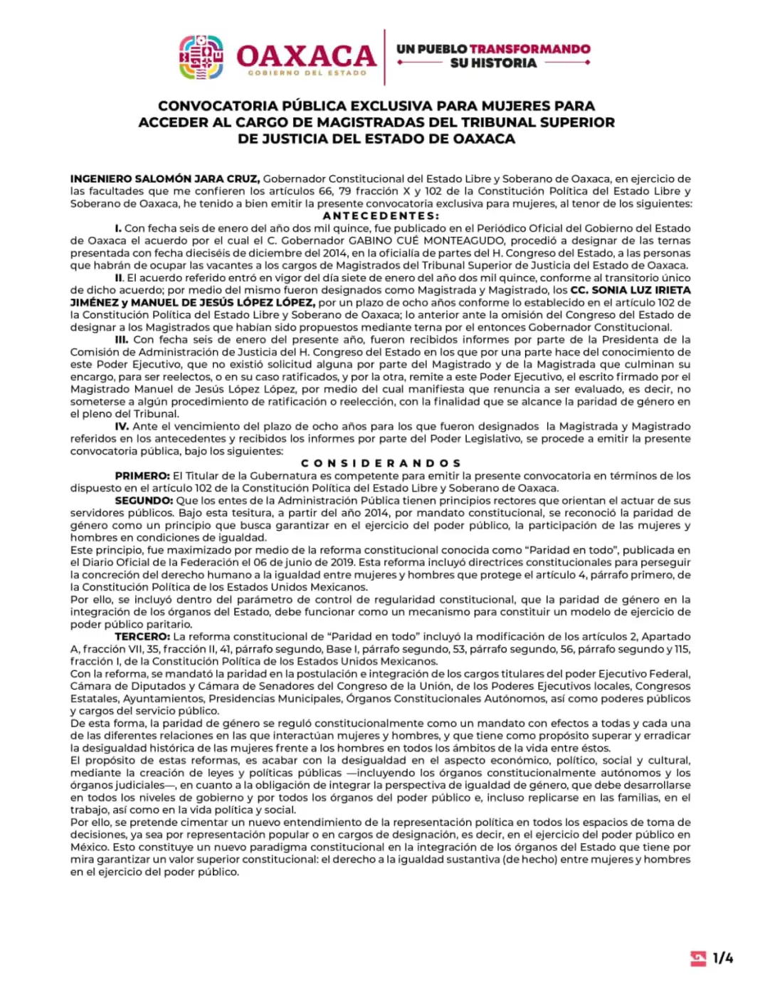 Jara Cruz emite convocatoria a mujeres para acceder al cargo de Magistradas del Tribunal Superior de Justicia del Estado de Oaxaca
