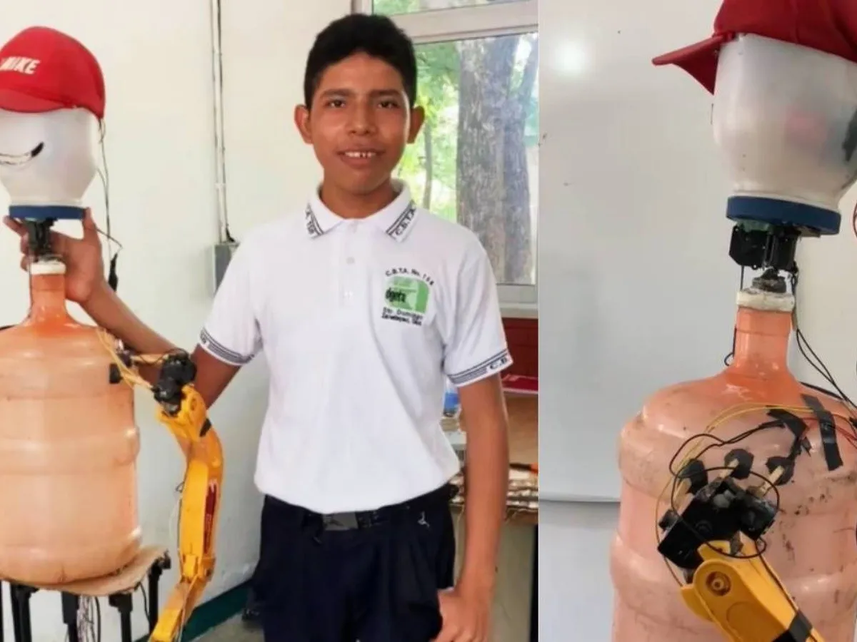 Alumno de Oaxaca crea a ‘Larry’, robot hecho con un garrafón, botes y partes electrónicas