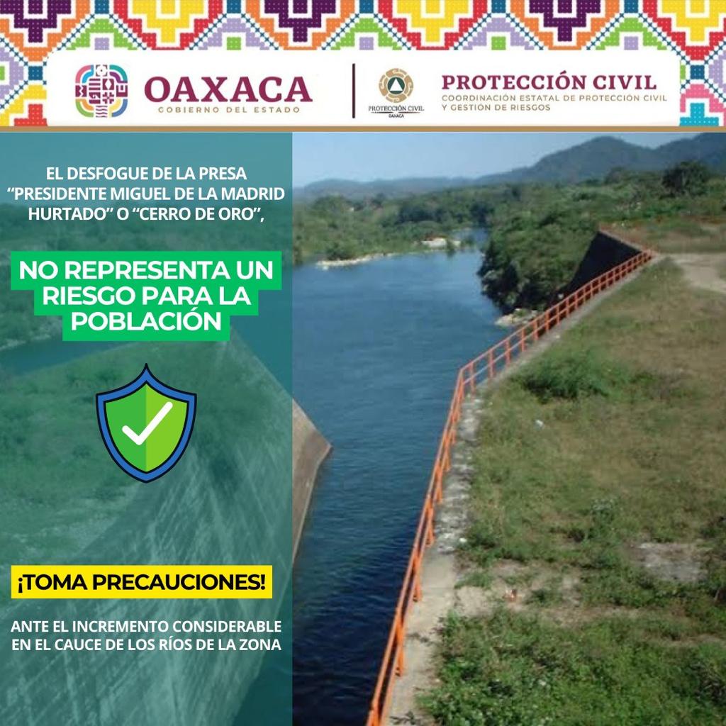Informa Protección Civil sobre desfogue controlado de la presa Cerro de Oro