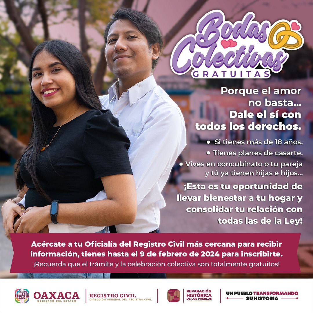Lanza Registro Civil de Oaxaca convocatoria Bodas Colectivas Gratuitas 2024