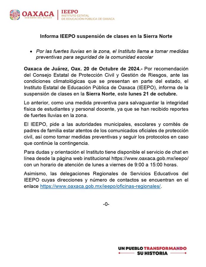 Suspensión de clases en la Sierra Norte de Oaxaca por fuertes lluvias