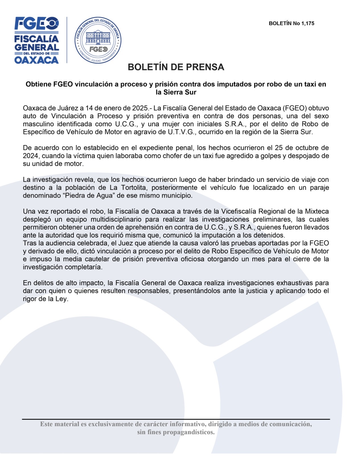 Obtiene FGEO vinculación a proceso y prisión contra dos imputados por robo de un taxi en la Sierra Sur