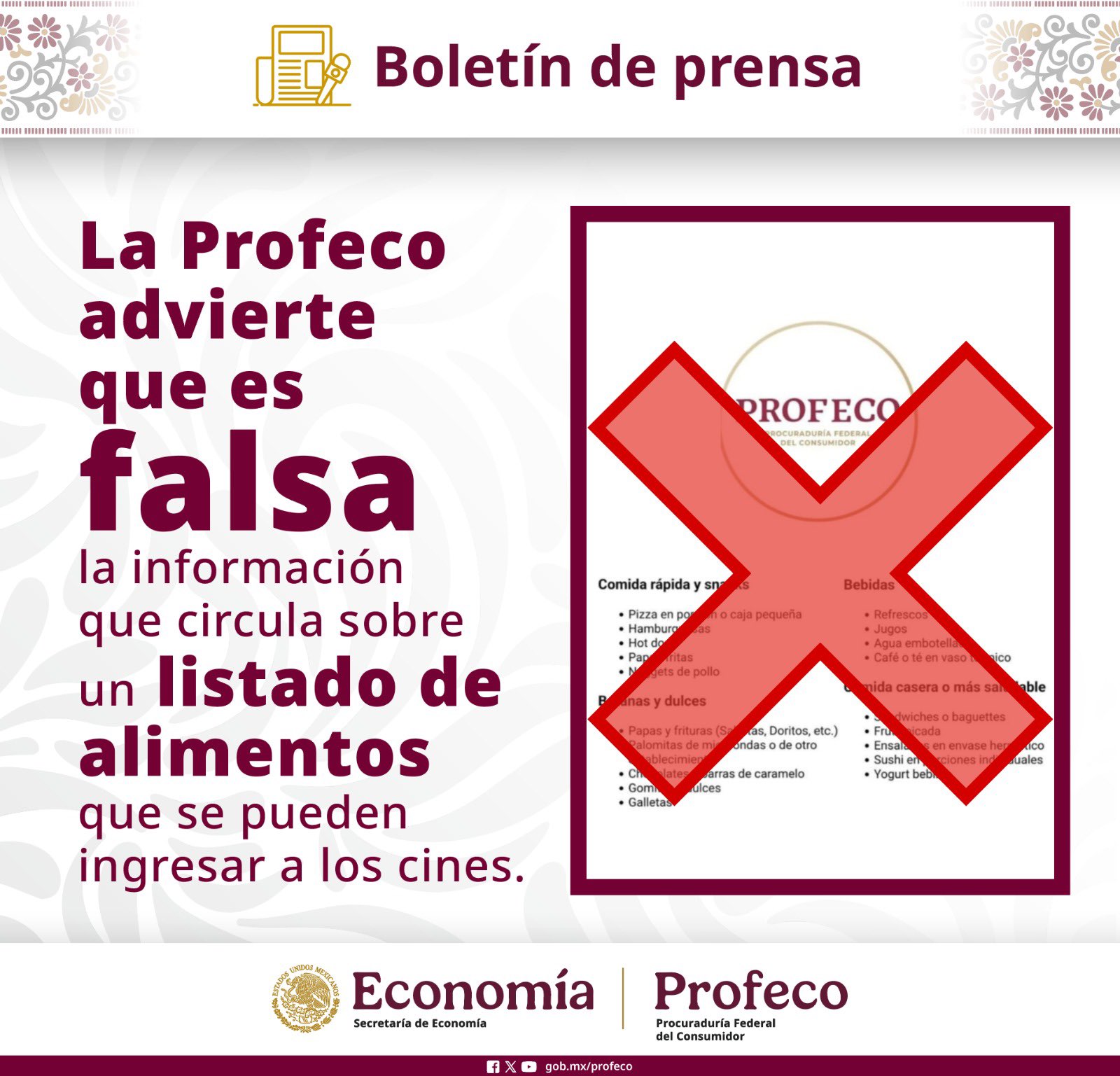 Profeco desmiente la circulación de lista de alimentos permitidos en cines