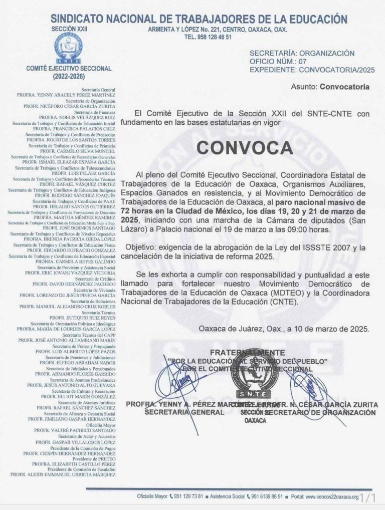 La Sección 22 del SNTE se une al paro nacional de 72 horas en exigencia de la abrogación de la Ley del ISSSTE y la cancelación de la reforma 2025