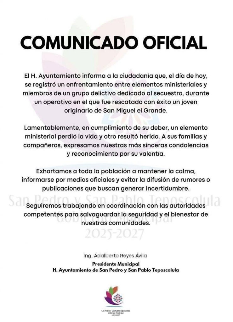 Enfrentamiento armado en Teposcolula deja un agente muerto durante rescate de joven desaparecido