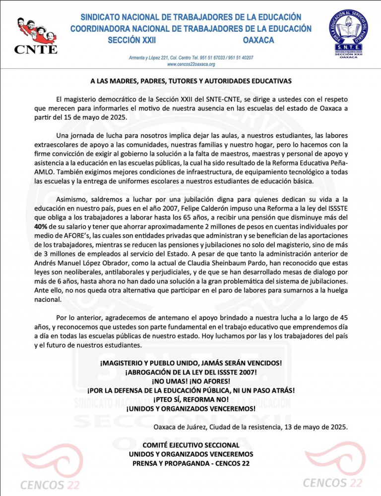 Maestros de Oaxaca Inician Paro Indefinido; Más de 800 Mil Estudiantes sin Clases