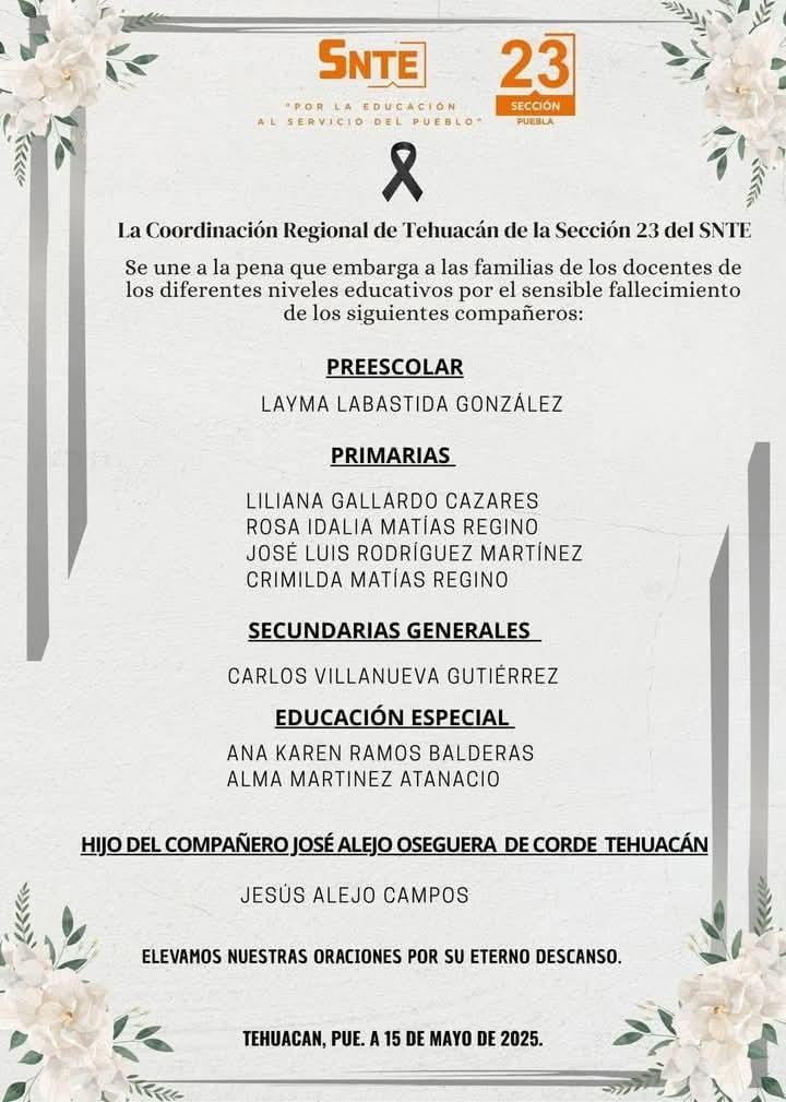 Solidaridad del SNTE con las Familias de los Docentes Fallecidos en Trágico Accidente en Puebla