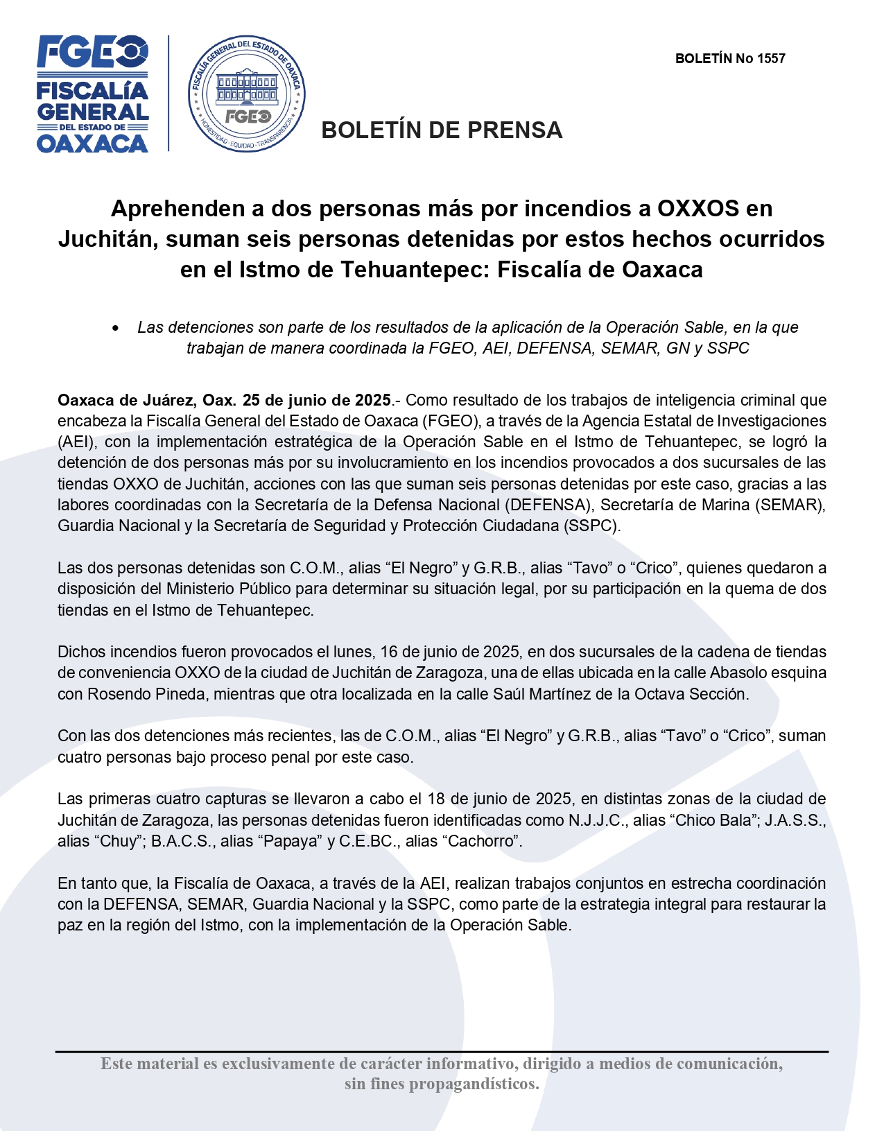 Detienen a dos personas más por quema de tiendas OXXO en Juchitán; suman seis aprehendidos
