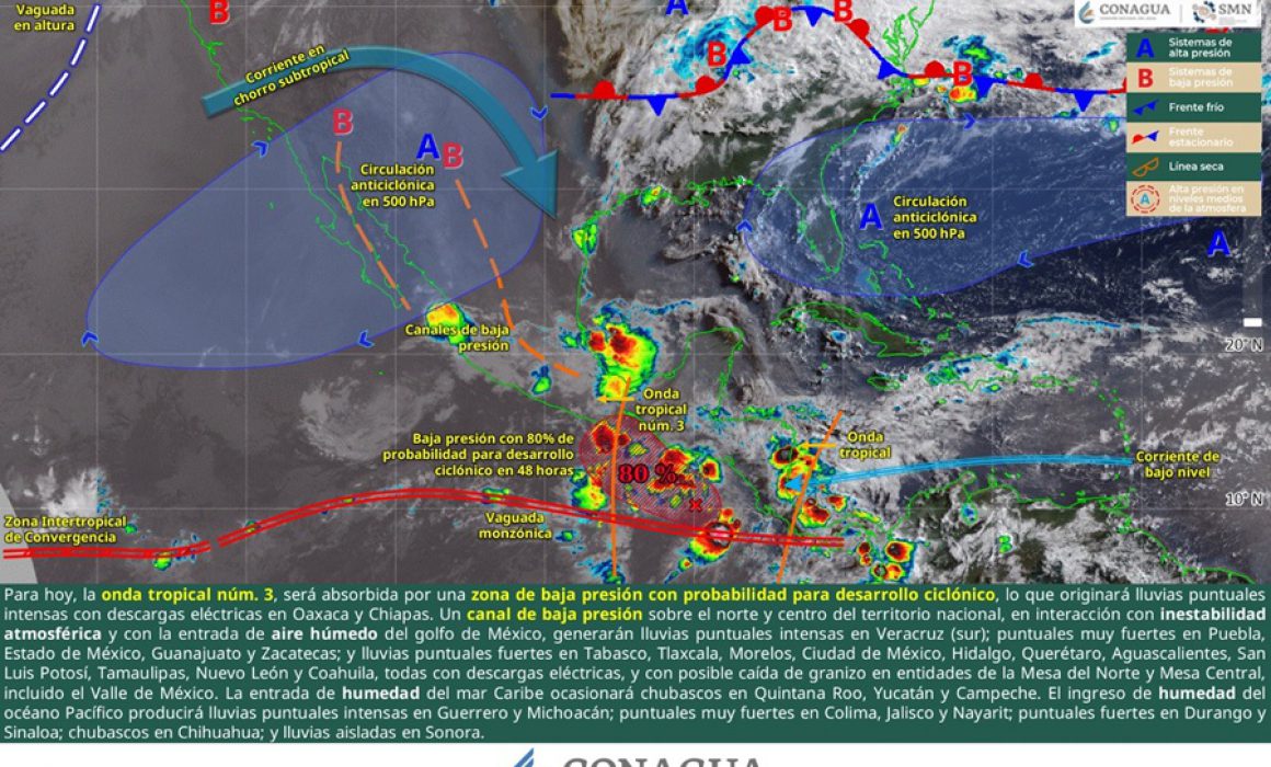 Persiste temporal de lluvias en Oaxaca por interacción de monzón y onda tropical 3
