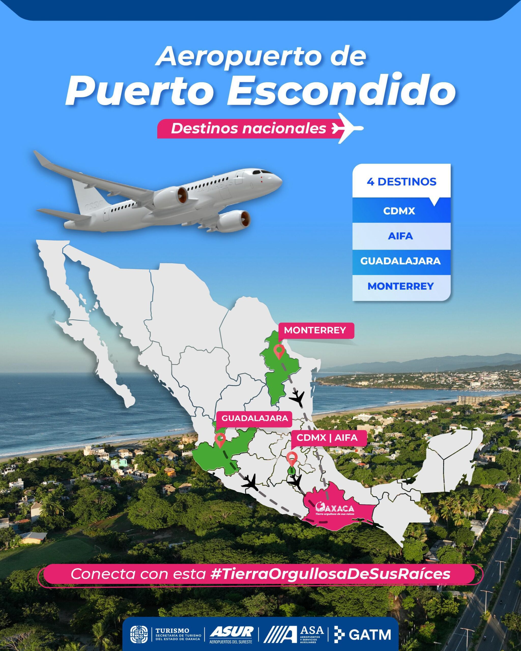 Puerto Escondido despega con vuelos a 4 destinos nacionales y uno desde Houston, EUA