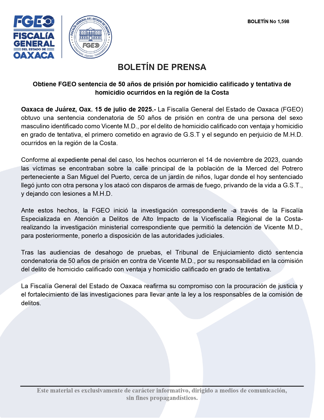 Obtiene FGEO sentencia de 50 años de prisión por homicidio calificado y tentativa de homicidio ocurridos en la región de la Costa