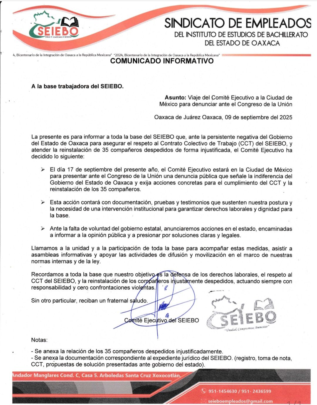✊ SEIEBO anuncia movilizaciones en el Congreso de la Unión por despidos injustificados